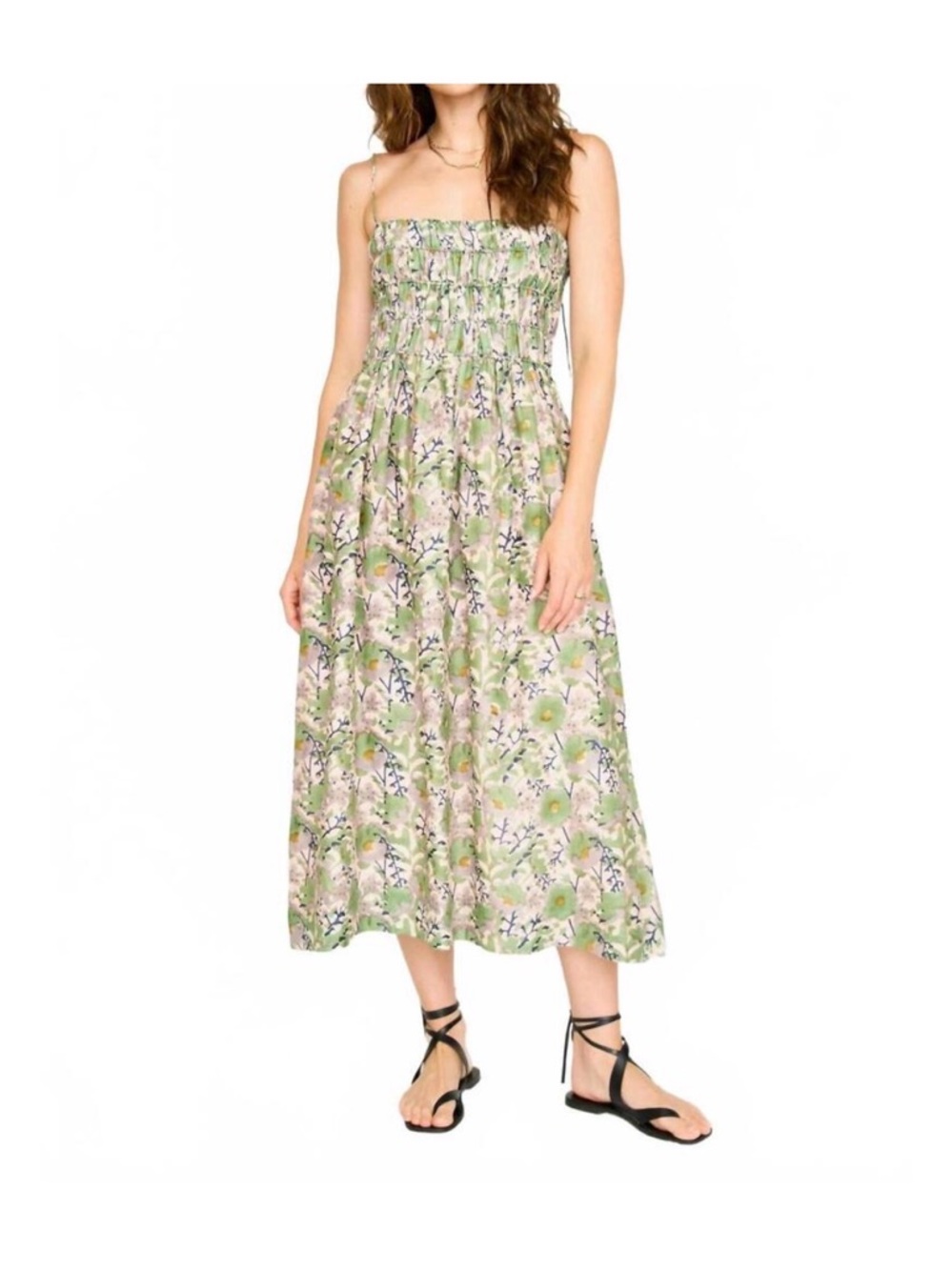 MIRTH Puglia Dress Lavender Bloom Smocked Midi Floral Green Cotton Size Small